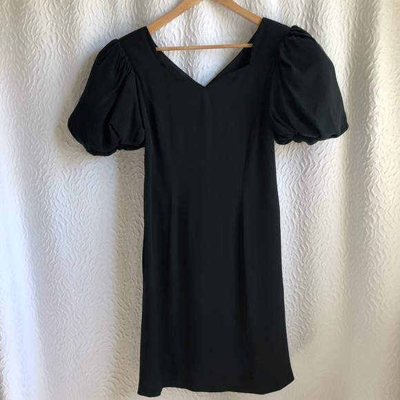 Vintage Black Square Sweatheart Neckline Puff Sleeve 100% Midi Silk Dress - Picture 7 of 16